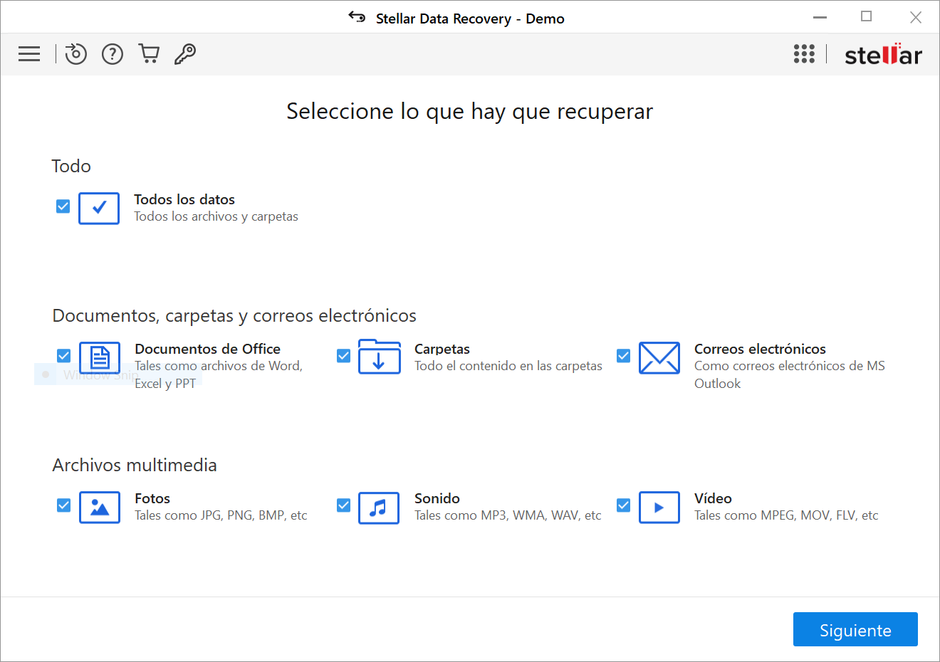 Seleccione el tipo de datos que desea recuperar y haga clic en el botón 'Next'. Especificaciones técnicas